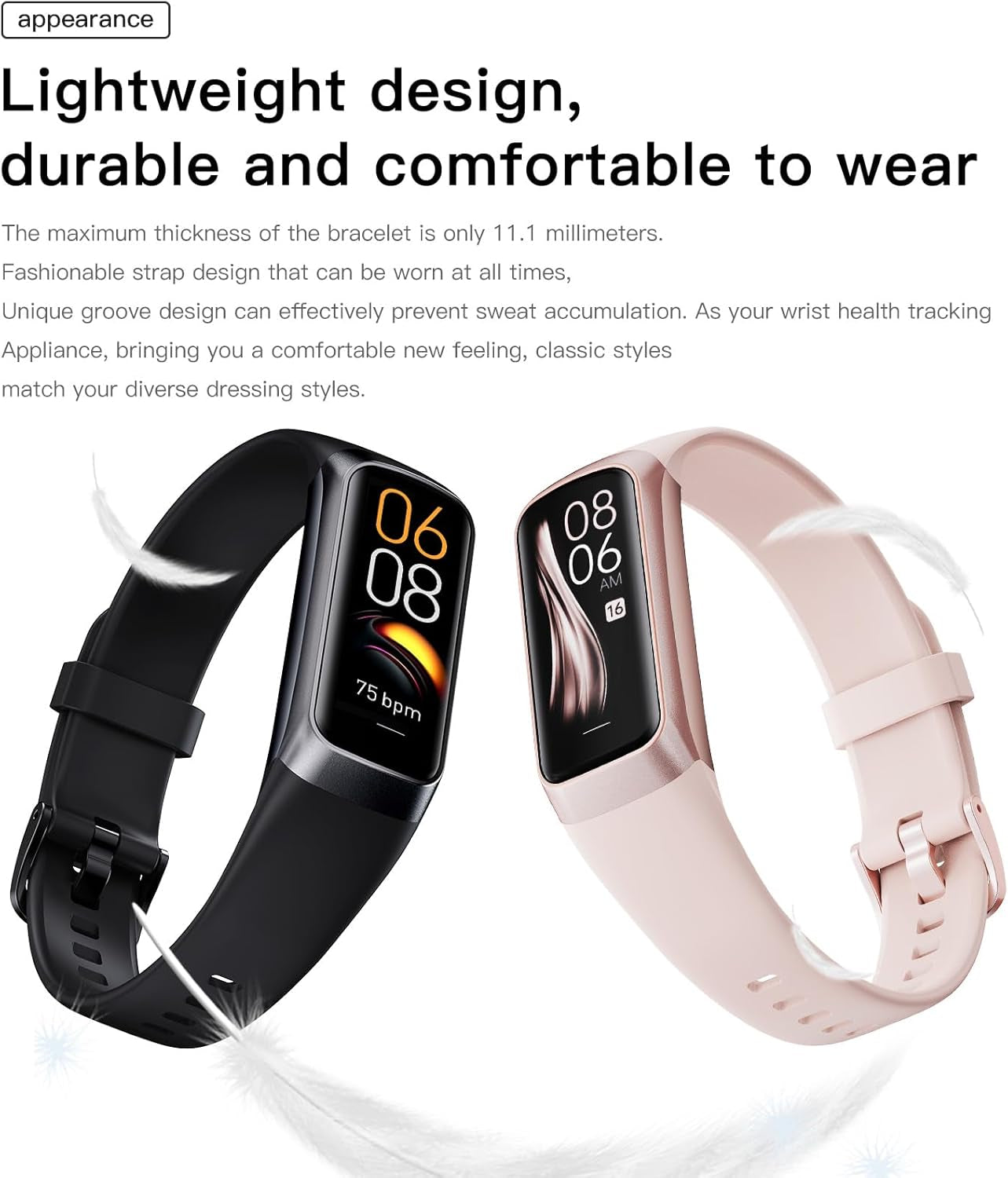 Keep Health Fitness Trackers for Women Men Amoled Step Counter Slim Thin Fitness Tracker with Heart Rate Blood Pressure Monitor Alarm Stopwatch Timer Calories Burned IP68 Step Tracker Watch