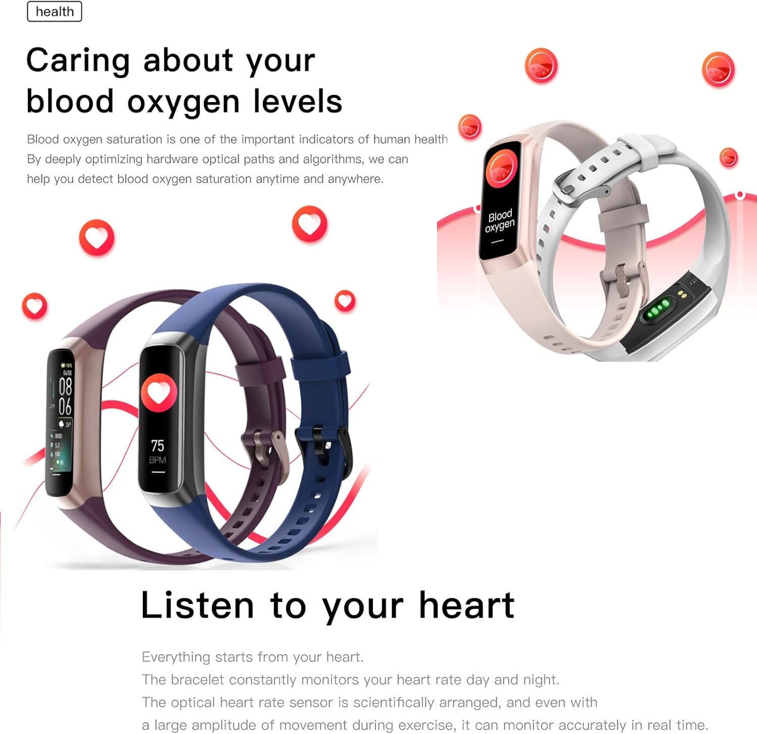 Keep Health Fitness Trackers for Women Men Amoled Step Counter Slim Thin Fitness Tracker with Heart Rate Blood Pressure Monitor Alarm Stopwatch Timer Calories Burned IP68 Step Tracker Watch