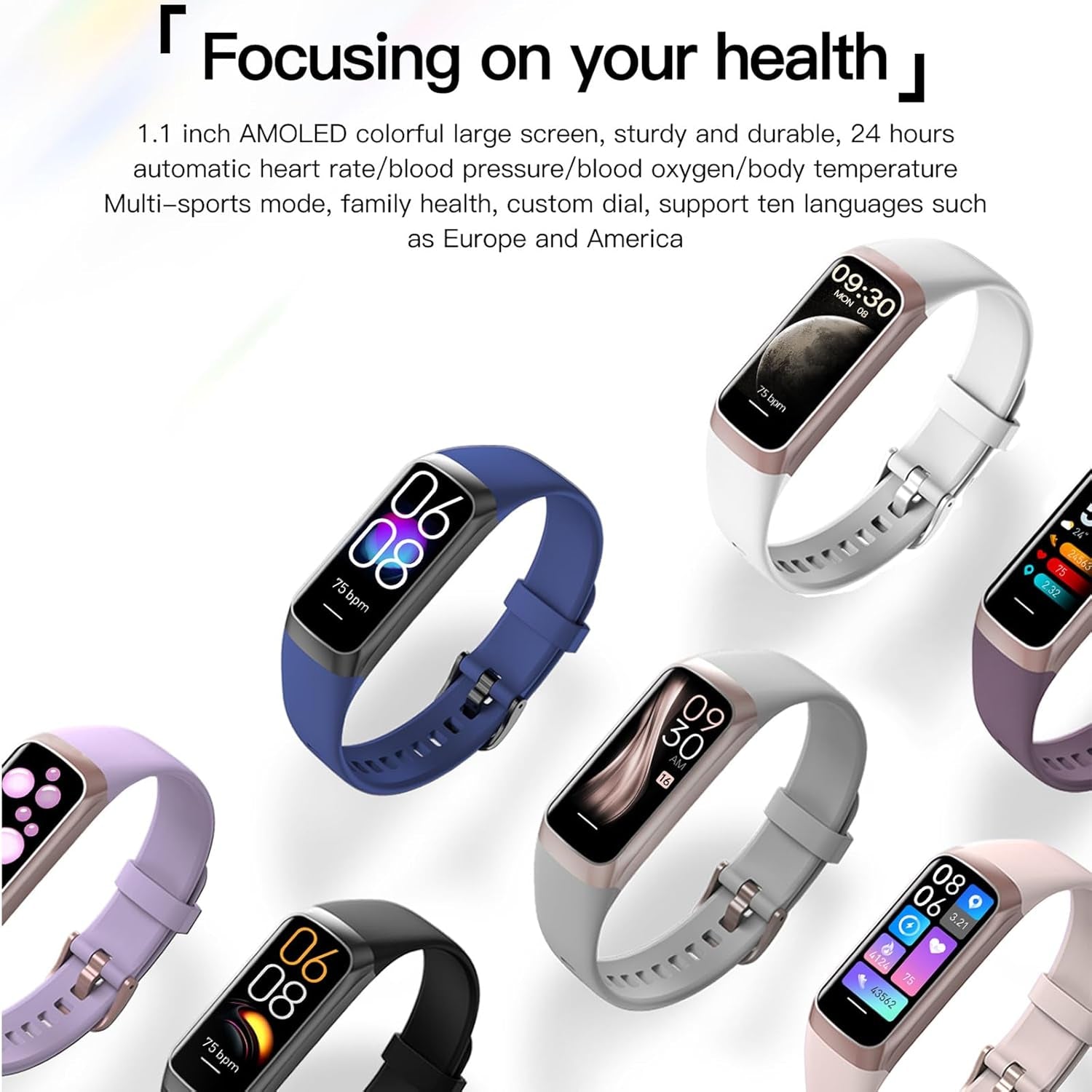 Keep Health Fitness Trackers for Women Men Amoled Step Counter Slim Thin Fitness Tracker with Heart Rate Blood Pressure Monitor Alarm Stopwatch Timer Calories Burned IP68 Step Tracker Watch